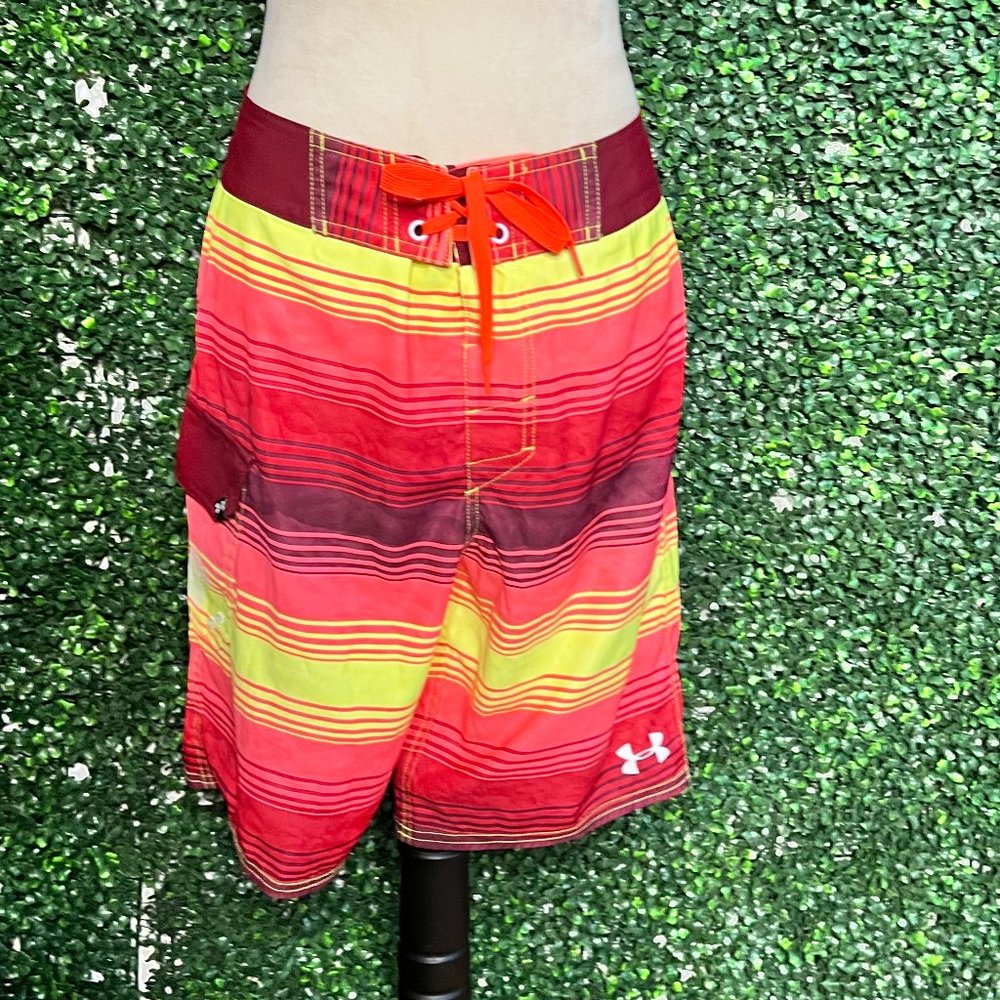 Under Armour Mens Boardshorts Swim Trunks Striped Red Orange Yellow Size 30